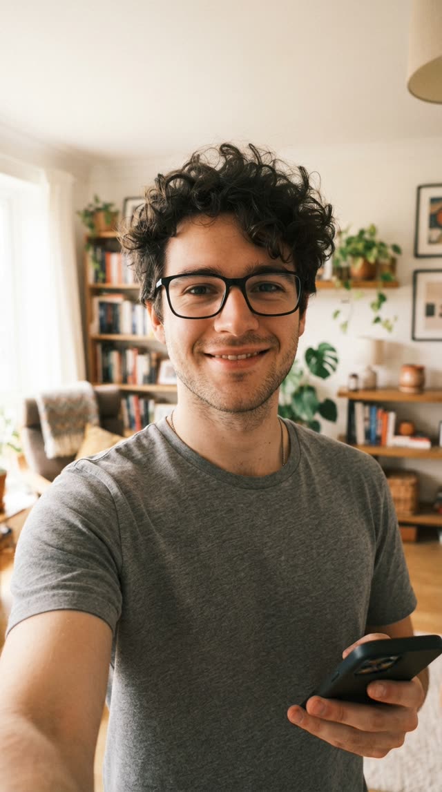 Input photo: AI-generated portrait of a fictional man with curly hair and glasses